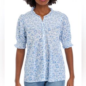 Crown & Ivy Short Sleeve Smocked Button Up Printed Top